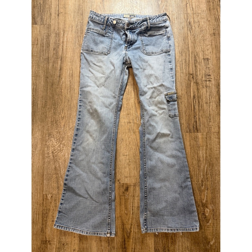 lei Workwear Blue Flare Cargo Jeans Y2K Mid Rise Light Wash Size 9